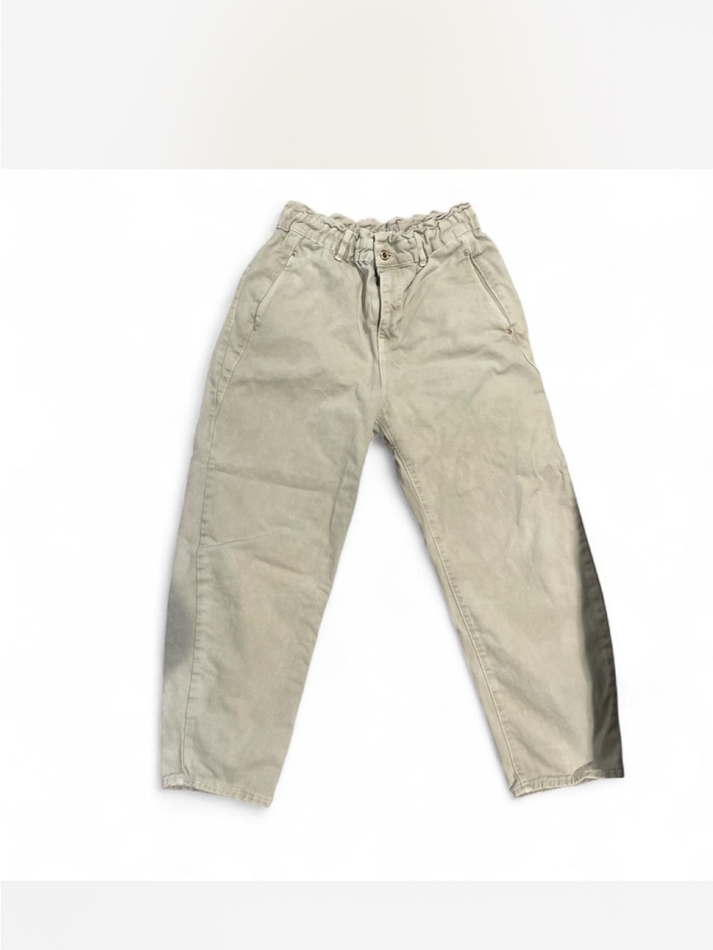 Zara High-Waist Paperbag Trousers — green khaki